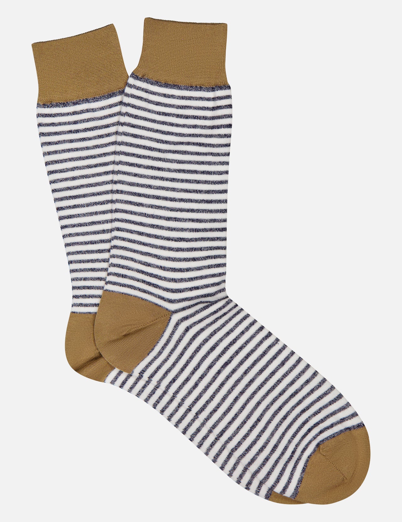The ANT45 Midett Short Socks feature navy blue and white horizontal stripes with solid brown cuffs, heels, and toes. Displayed on a white background.