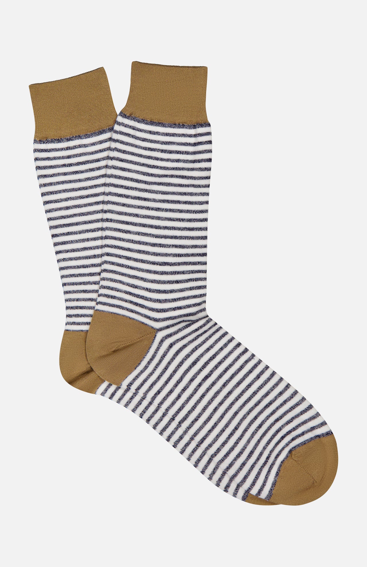 The ANT45 Midett Short Socks feature navy blue and white horizontal stripes with solid brown cuffs, heels, and toes. Displayed on a white background.
