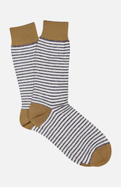 The ANT45 Midett Short Socks feature navy blue and white horizontal stripes with solid brown cuffs, heels, and toes. Displayed on a white background.