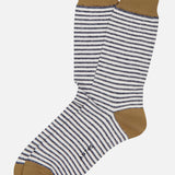 A pair of ANT45 Midett Short Socks made from Italian cotton linen, featuring thin black and white stripes with solid brown toes, heels, and cuffs, laid flat on a white background.