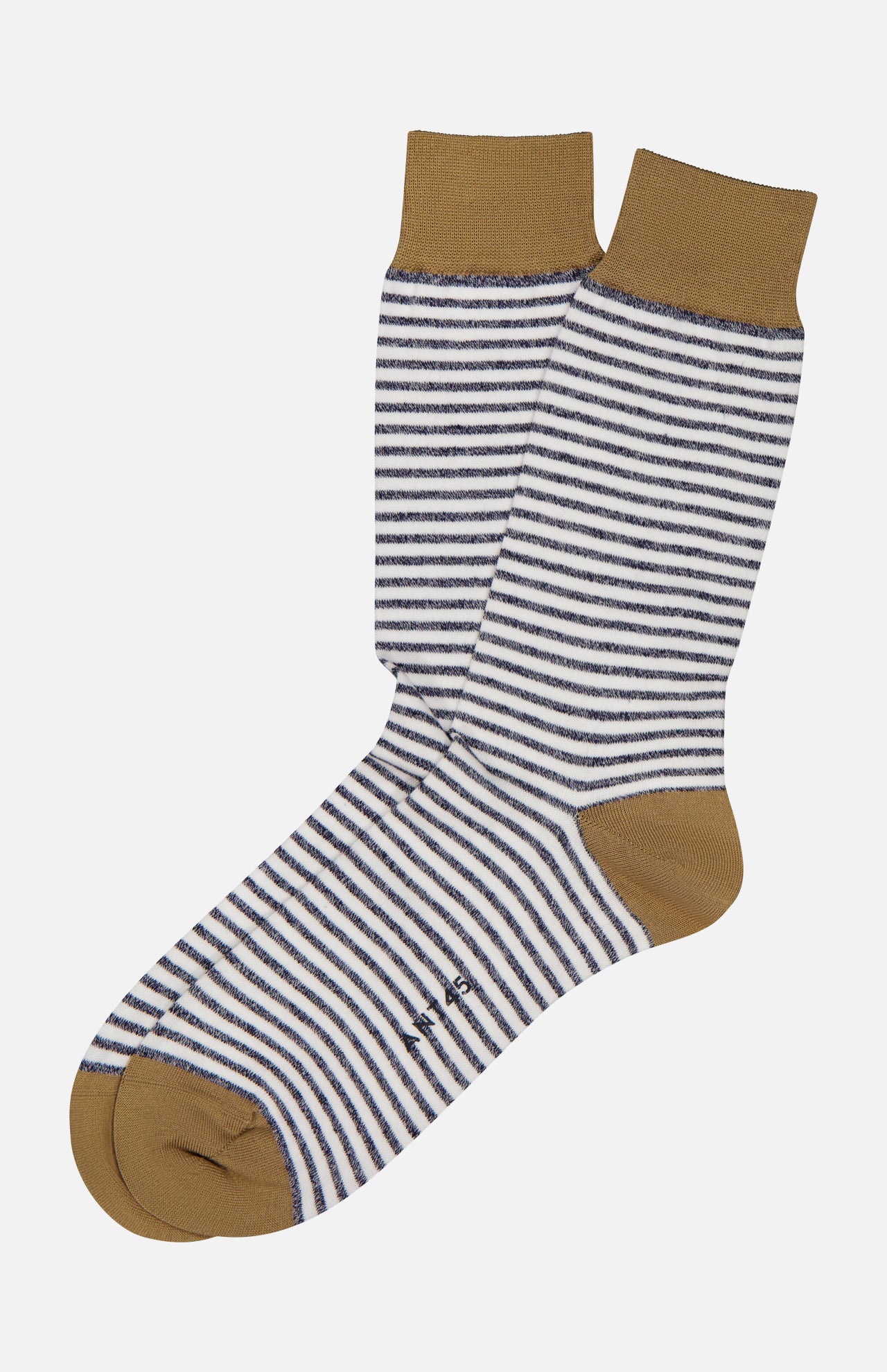 A pair of ANT45 Midett Short Socks made from Italian cotton linen, featuring thin black and white stripes with solid brown toes, heels, and cuffs, laid flat on a white background.