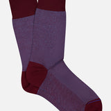 ANT45 Oxford Short Socks feature a maroon and purple pattern with solid maroon heels, toes, and cuffs. Crafted in Italy from premium mercerized cotton, they are displayed on a white background.