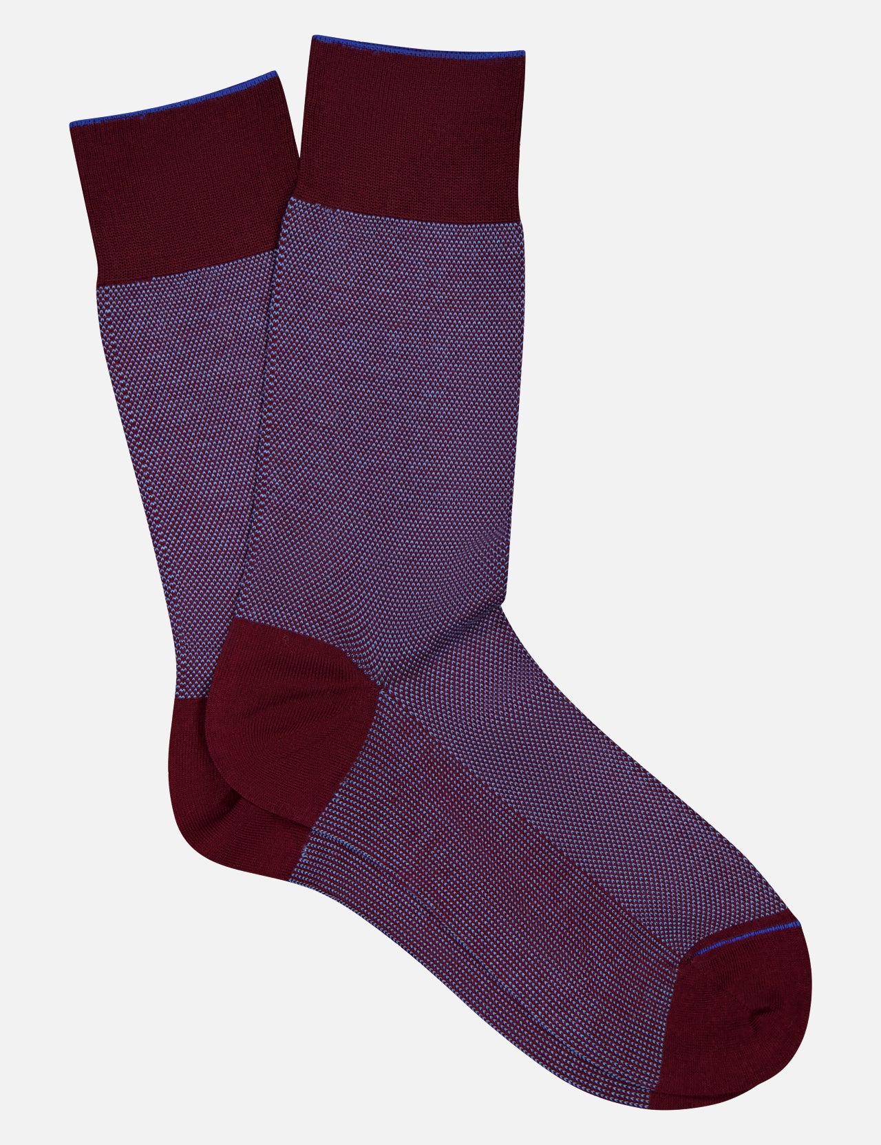 ANT45 Oxford Short Socks feature a maroon and purple pattern with solid maroon heels, toes, and cuffs. Crafted in Italy from premium mercerized cotton, they are displayed on a white background.