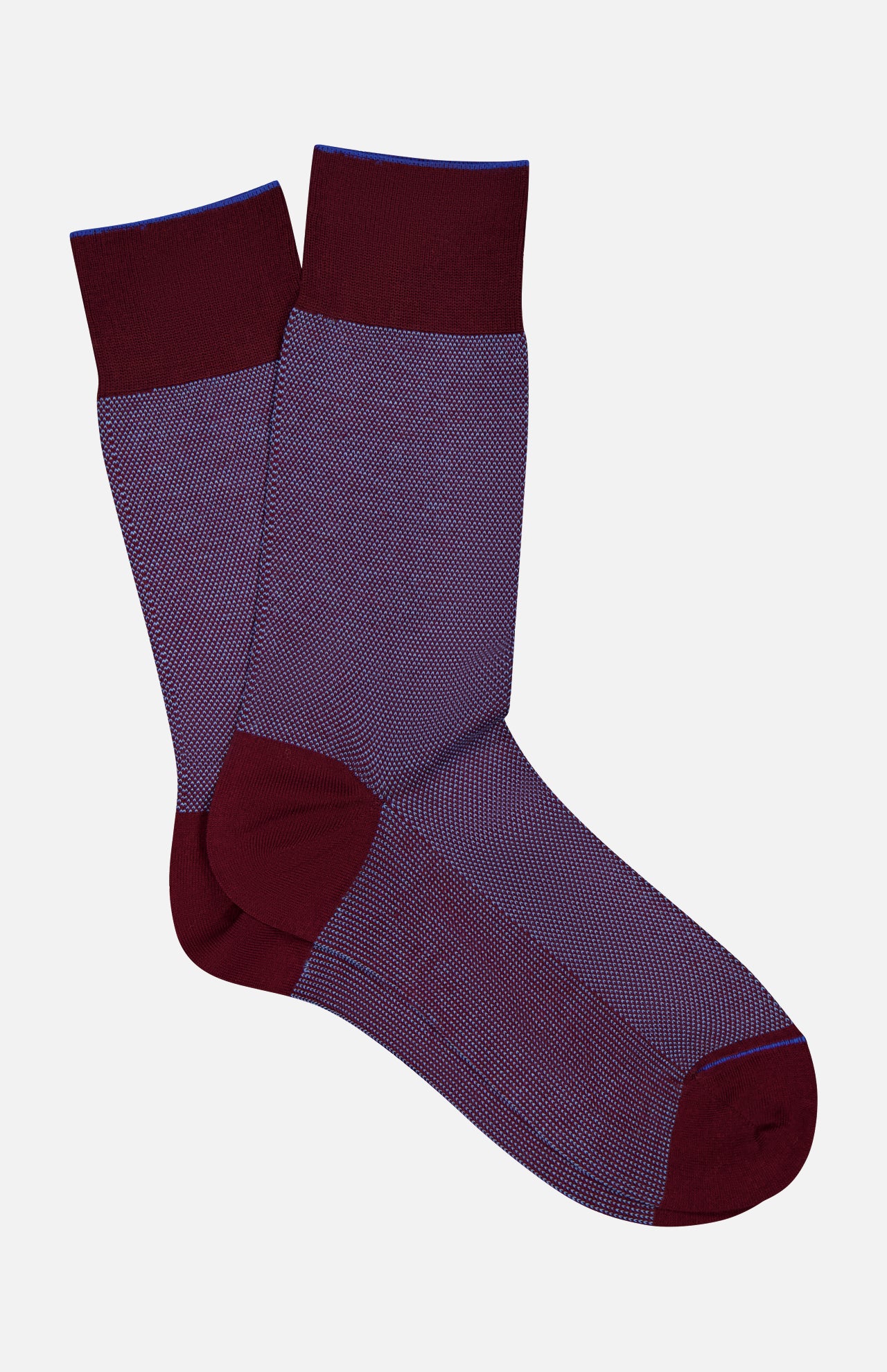 ANT45 Oxford Short Socks feature a maroon and purple pattern with solid maroon heels, toes, and cuffs. Crafted in Italy from premium mercerized cotton, they are displayed on a white background.