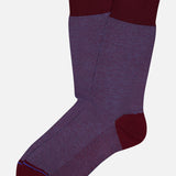 A pair of Oxford Short Socks by ANT45 in purple and burgundy Mercerized cotton, featuring fine dots and solid burgundy heels, toes, and cuffs. Made in Italy, shown on a plain white background.