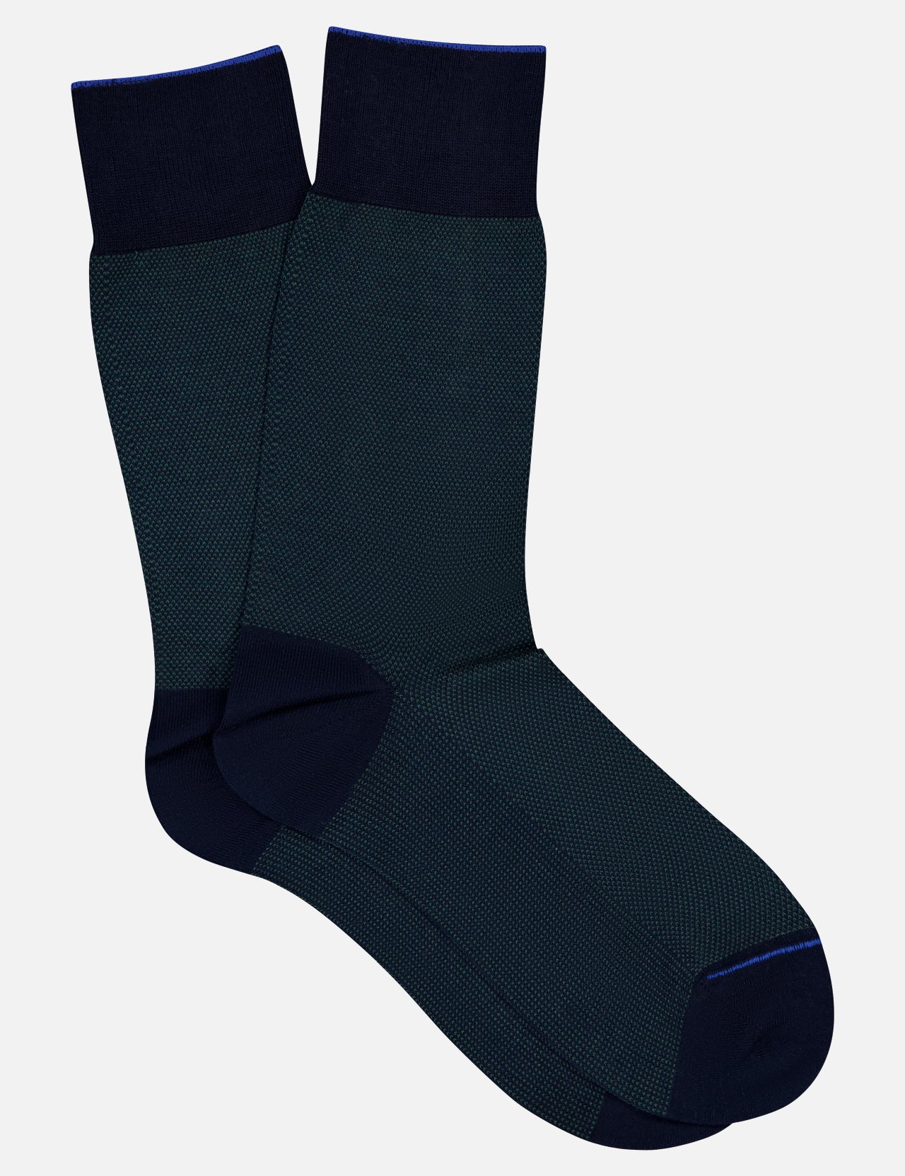 The Oxford Short Socks by ANT45 are dark navy blue Mercerized cotton dress socks with black cuffs, heels, and toes, made in Italy, shown on a plain white background.