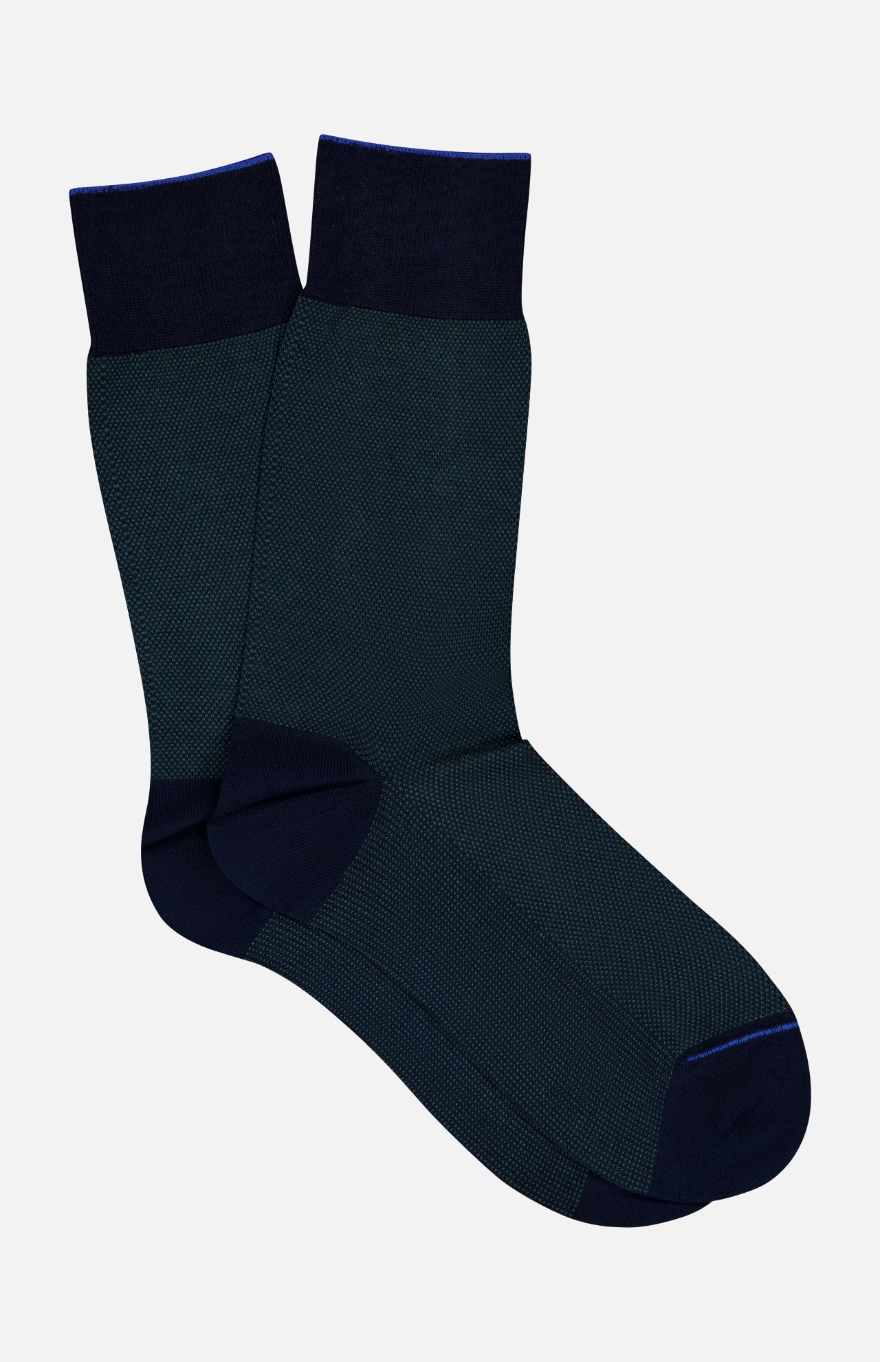 The Oxford Short Socks by ANT45 are dark navy blue Mercerized cotton dress socks with black cuffs, heels, and toes, made in Italy, shown on a plain white background.