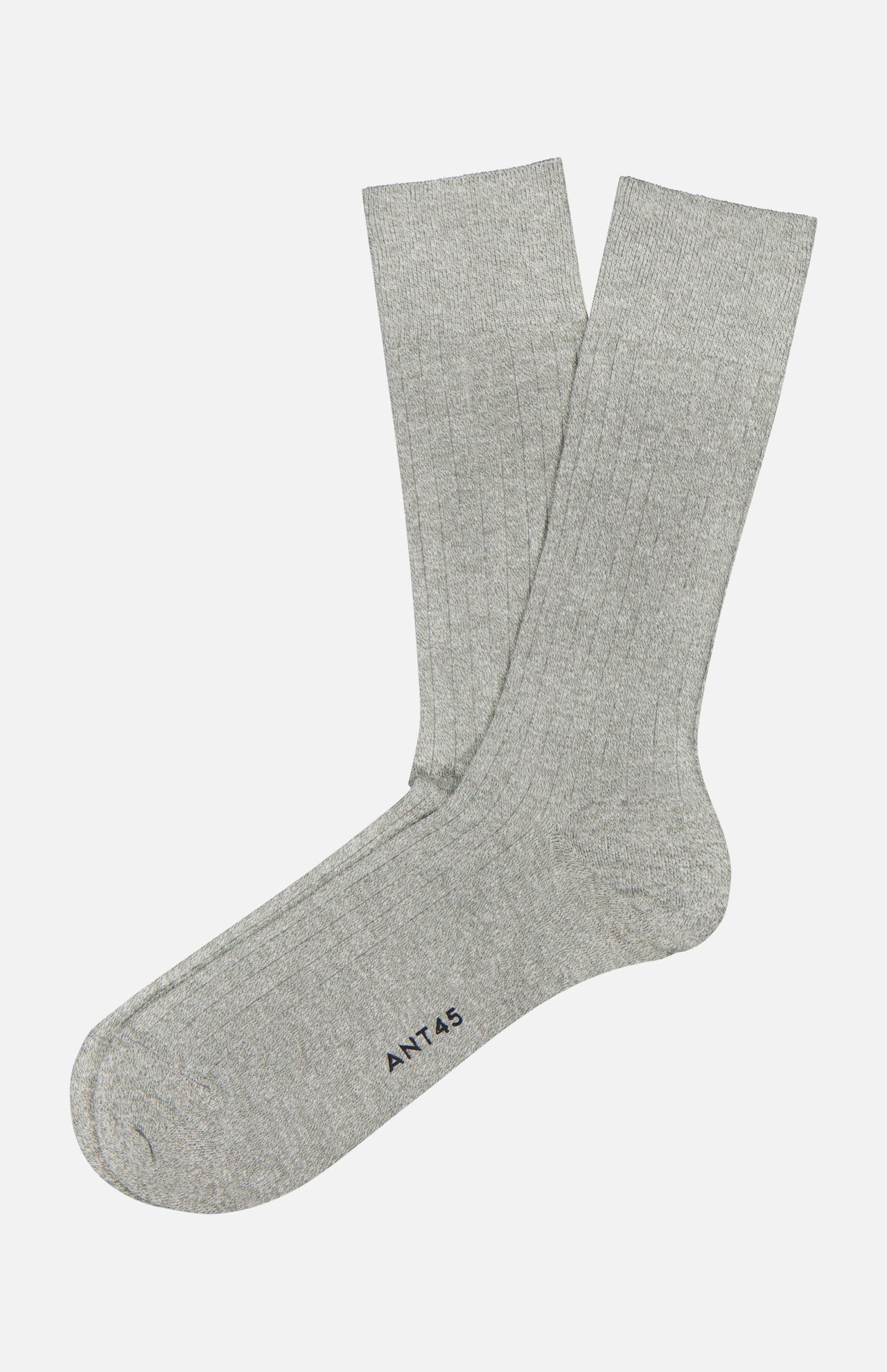 A pair of Sable Short Socks from ANT45 in light gray cotton linen, laid flat on a white background with "ANT45" printed near the toe, crafted in the tradition of Italian hosiery.