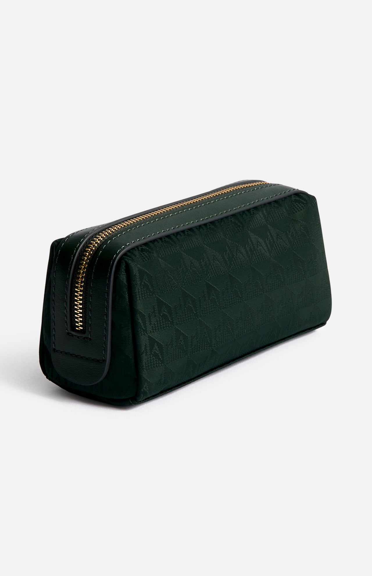 Anya Hindmarch Logo Girlie Stuff Pouch in dark green rectangular jacquard nylon with an all-over patterned texture.