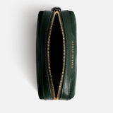 Dark green jacquard nylon Logo Girlie Stuff Pouch with a zipper and the words GIRLIE STUFF embossed in gold on the side.