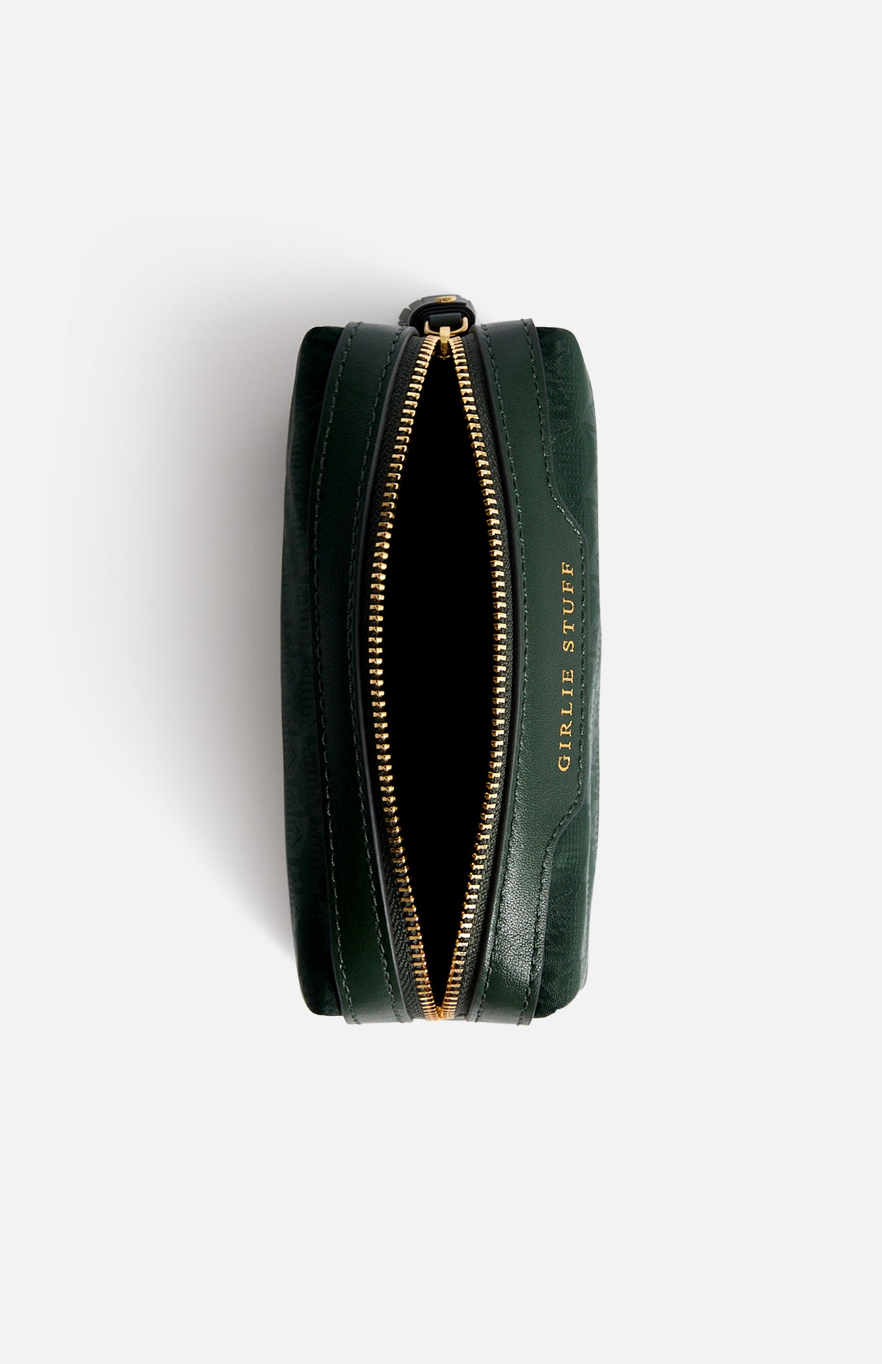 Dark green jacquard nylon Logo Girlie Stuff Pouch with a zipper and the words GIRLIE STUFF embossed in gold on the side.