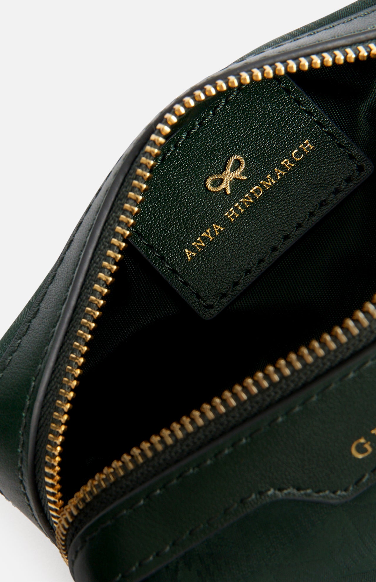 A dark green jacquard nylon Anya Hindmarch Logo Girlie Stuff pouch featuring a gold metal zipper and an interior leather tag embossed with a bow logo and the brand name.