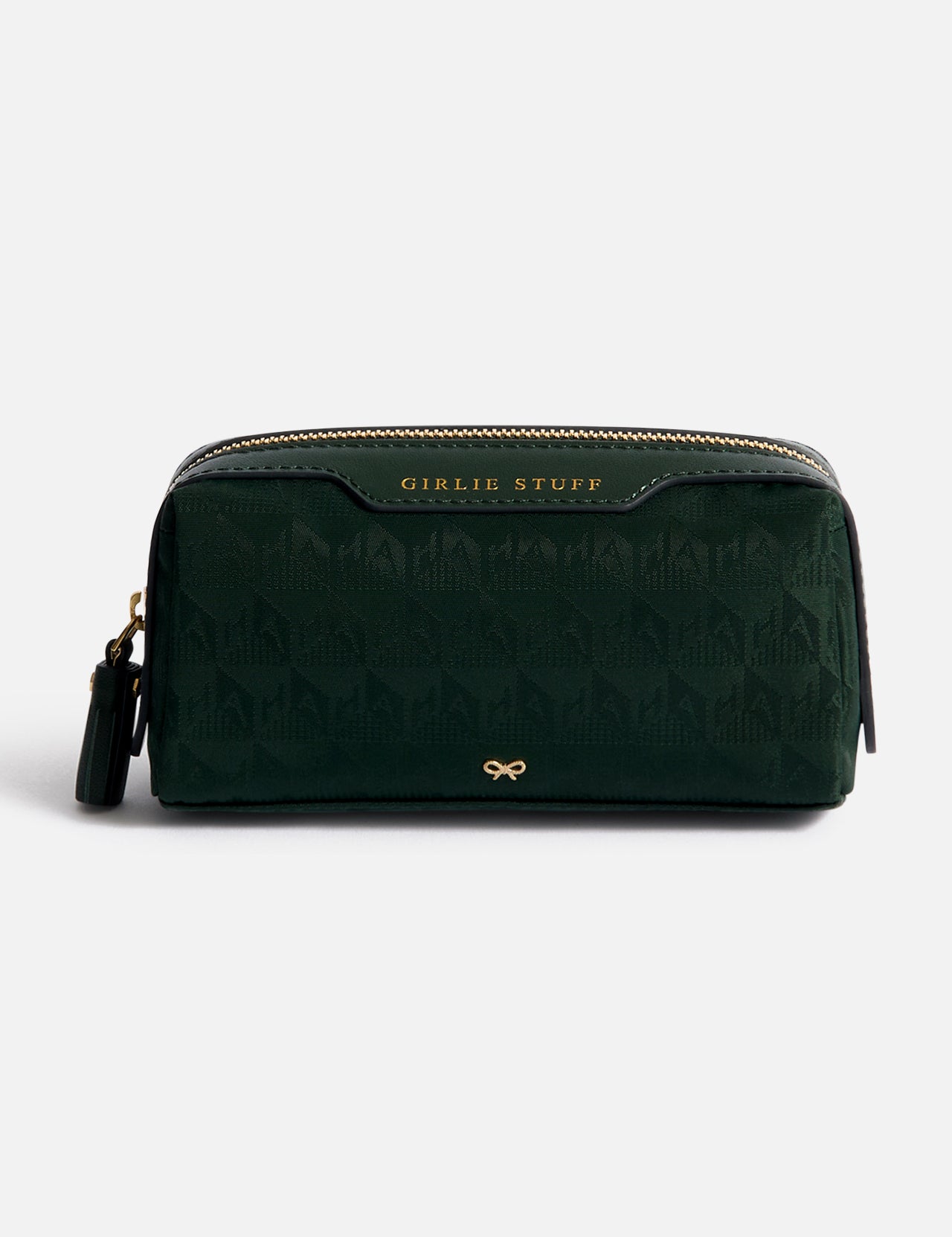 Dark green rectangular Anya Hindmarch Logo Girlie Stuff Pouch in jacquard nylon, featuring a zippered closure, GIRLIE STUFF embossed in gold on the top trim, and a small gold bow logo at the bottom.