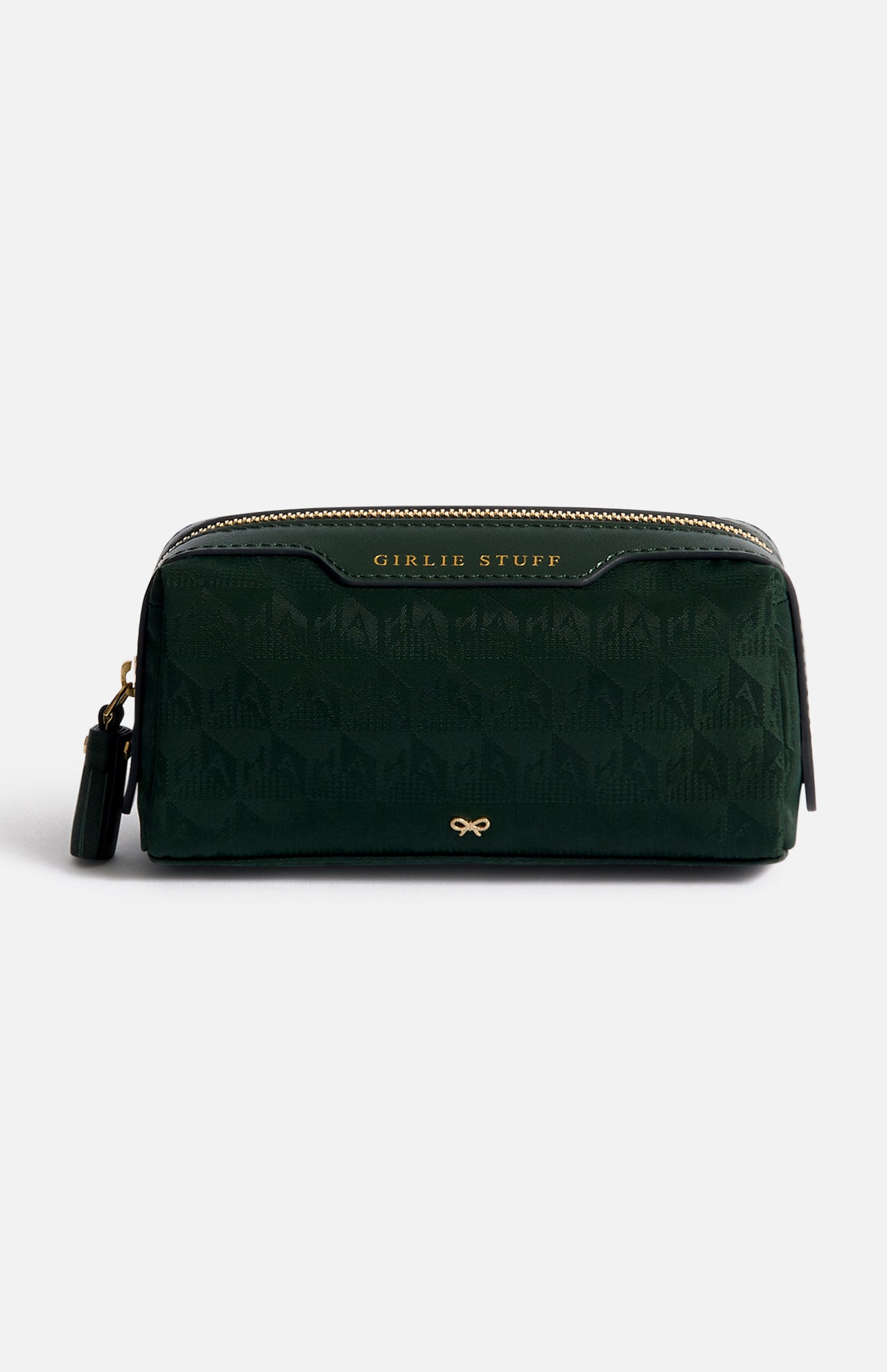 Dark green rectangular Anya Hindmarch Logo Girlie Stuff Pouch in jacquard nylon, featuring a zippered closure, GIRLIE STUFF embossed in gold on the top trim, and a small gold bow logo at the bottom.