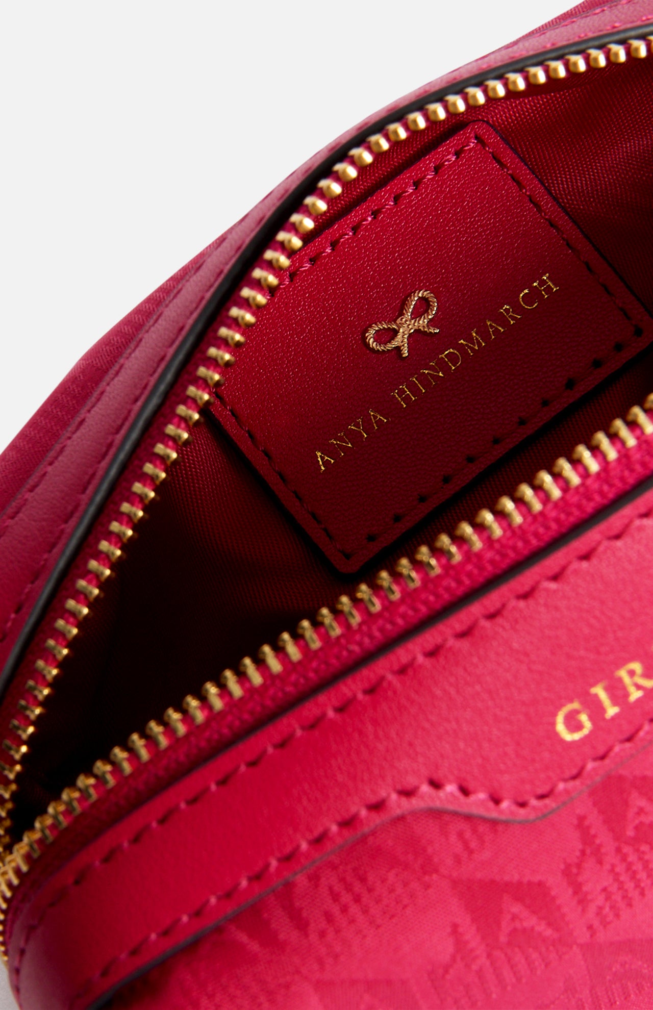 Close-up view of the interior of a dark pink Anya Hindmarch Logo Girlie Stuff Pouch, featuring a rectangular leather patch embossed with a gold bow logo and brand name.