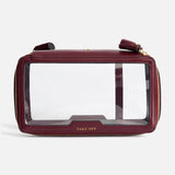 Burgundy rectangular Anya Hindmarch Logo In-Flight Case with a clear front panel and TAKE-OFF embossed in gold.