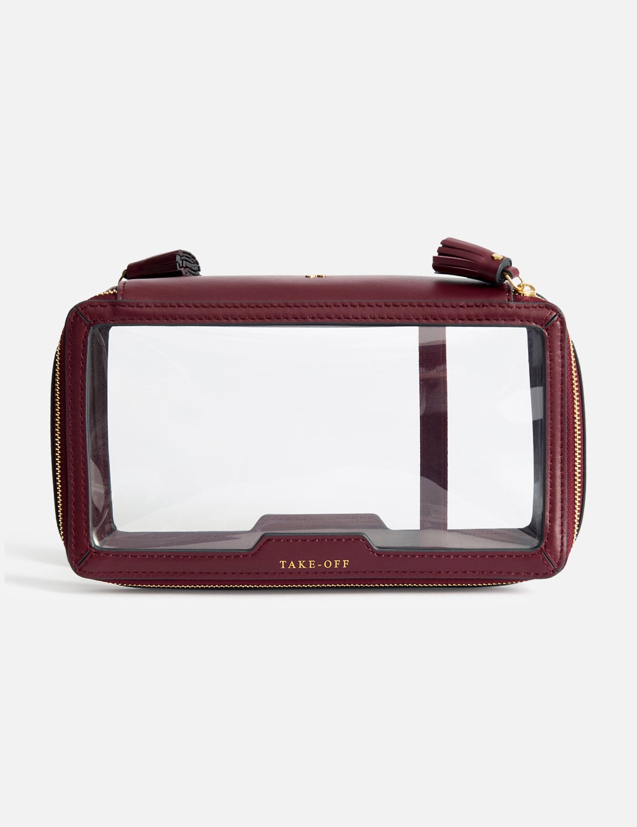 Burgundy rectangular Anya Hindmarch Logo In-Flight Case with a clear front panel and TAKE-OFF embossed in gold.