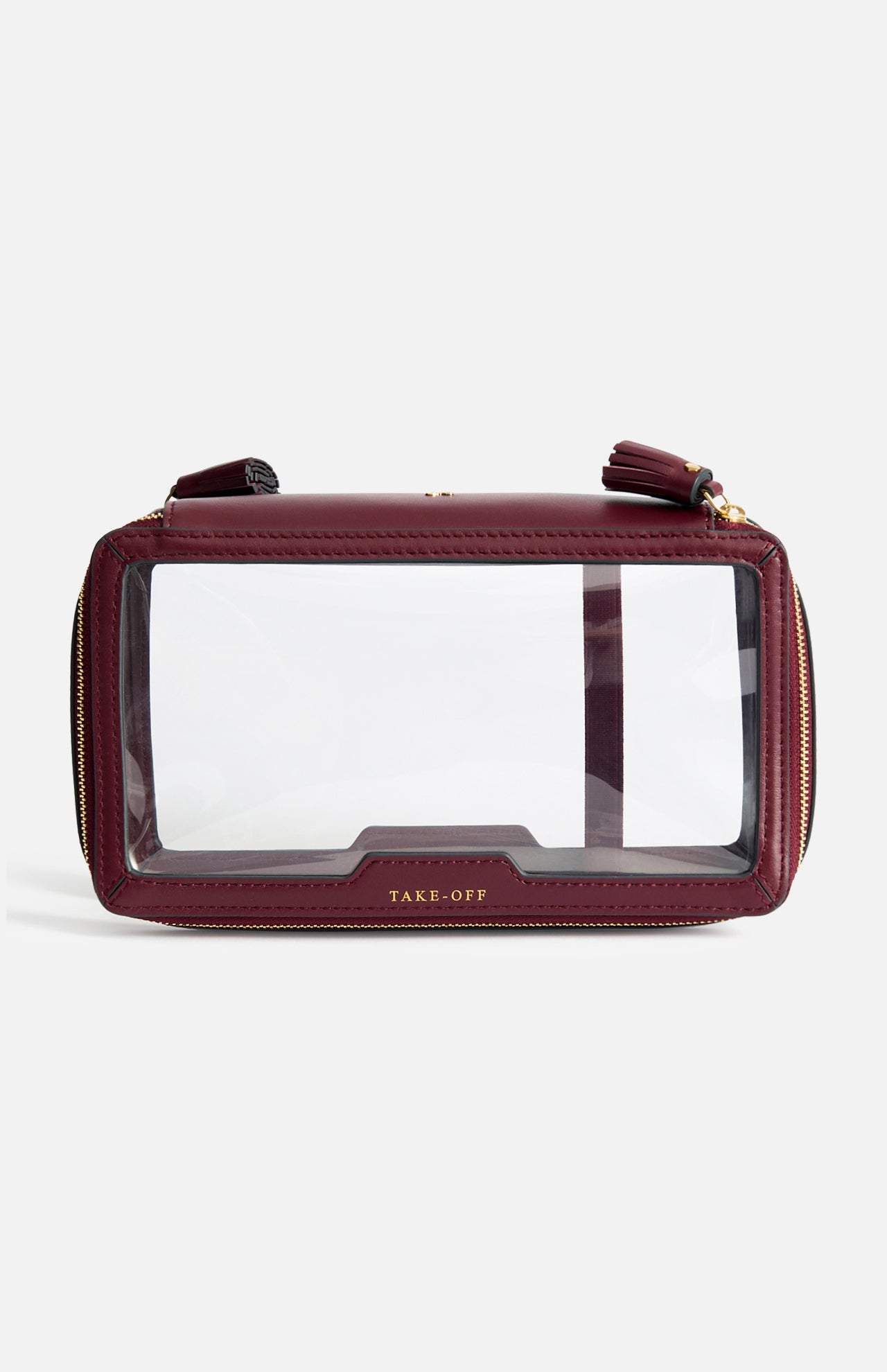 Burgundy rectangular Anya Hindmarch Logo In-Flight Case with a clear front panel and TAKE-OFF embossed in gold.