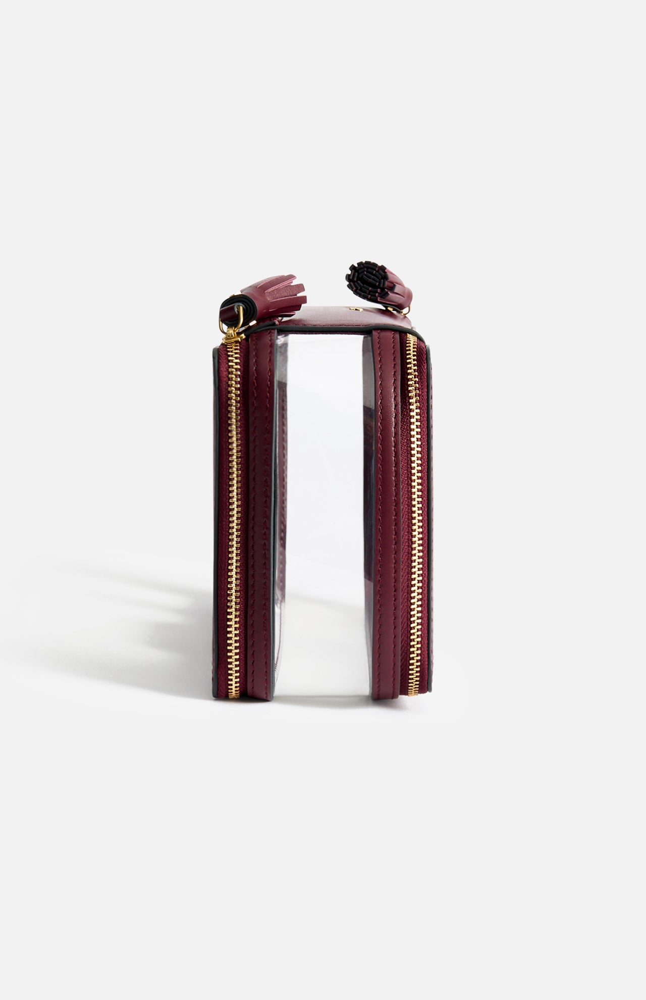 Side view of a rectangular, transparent Anya Hindmarch Logo In-Flight Case with deep red trim, dual gold-tone zippers, and two tassel zipper pulls.