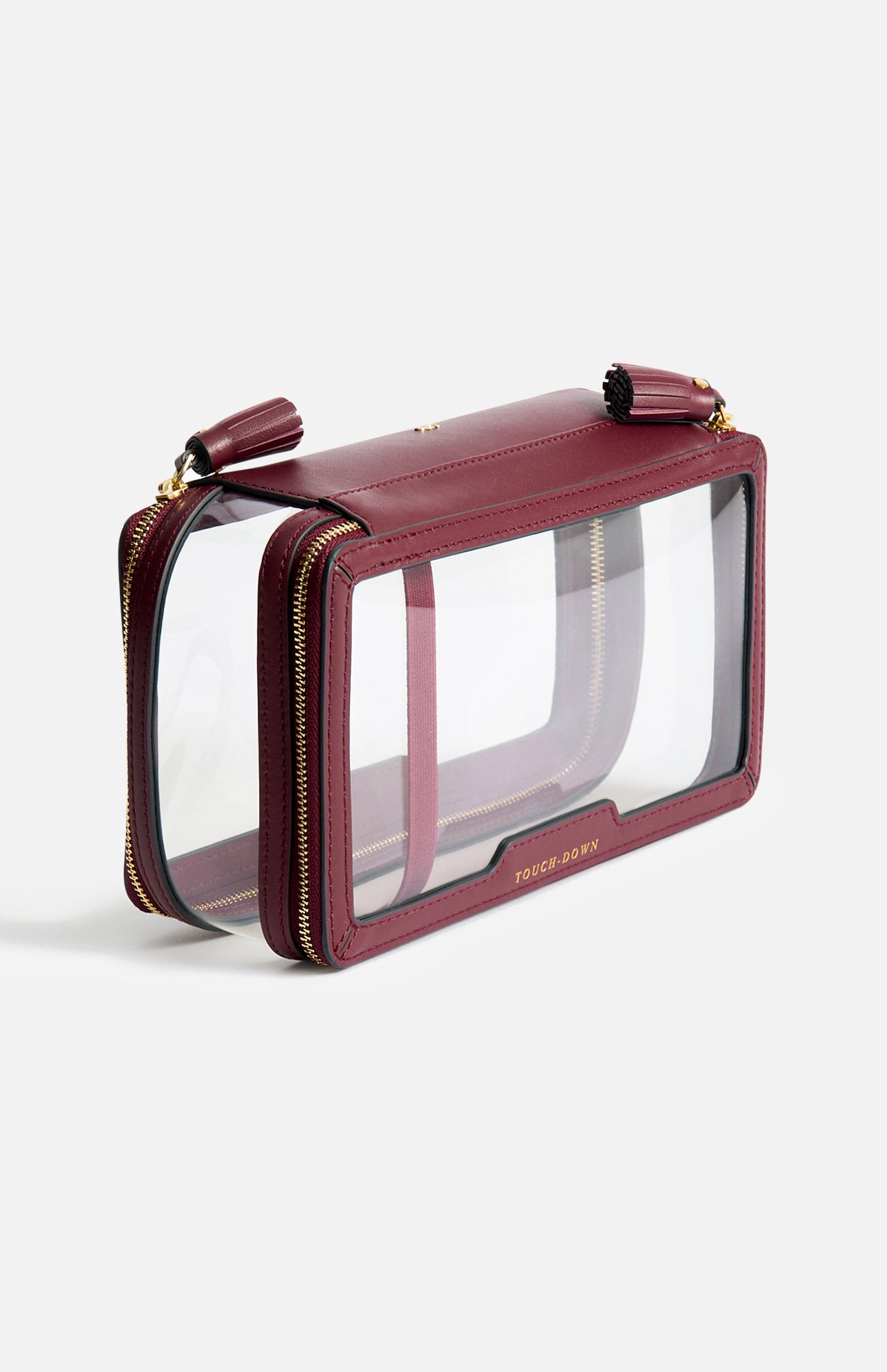 Anya Hindmarch Logo In-Flight Case in clear rectangular plastic with burgundy leather trim, gold-tone zippers, and the word TOUCH-DOWN embossed in gold on the front.