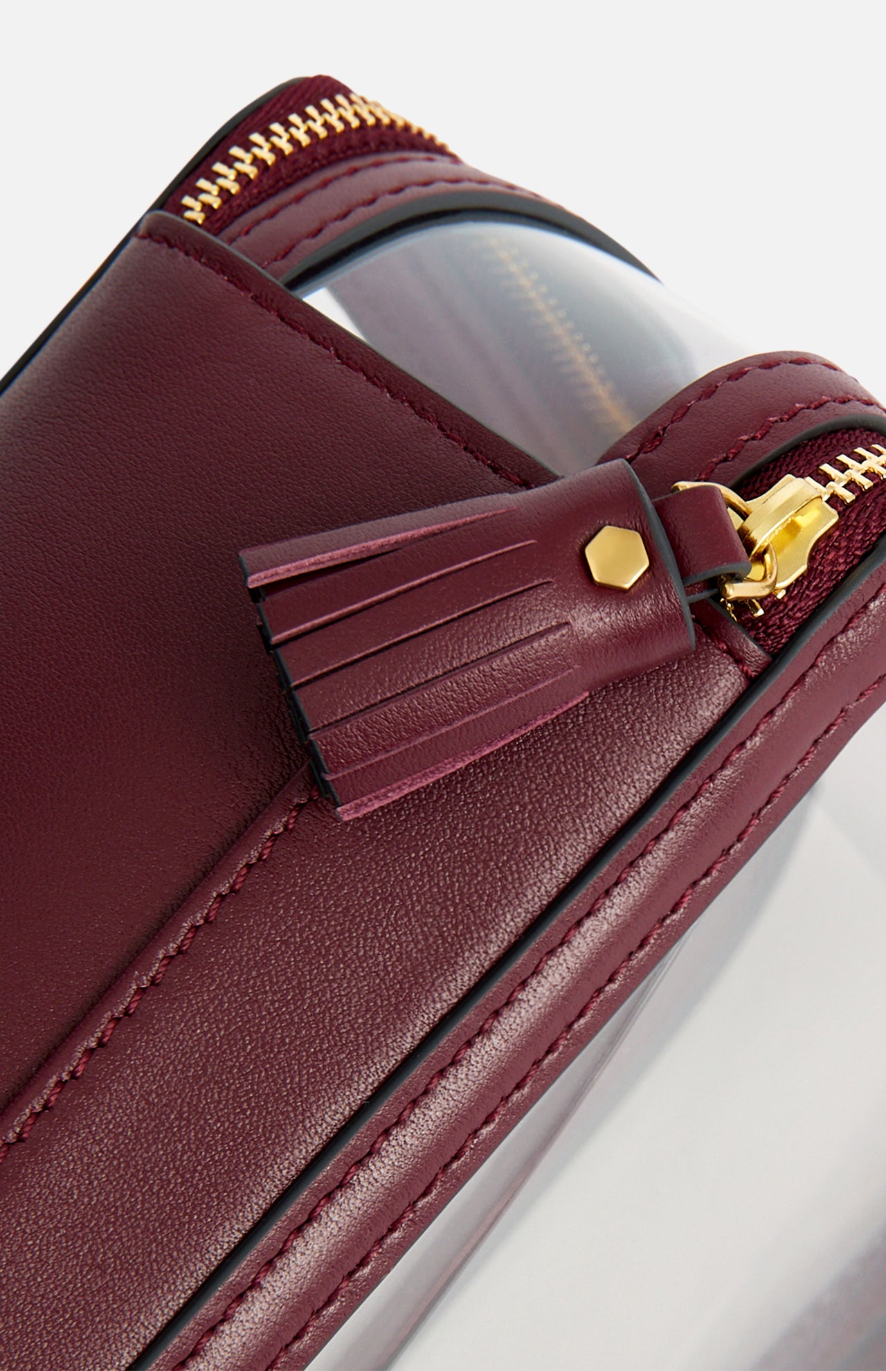 Close-up of a burgundy Anya Hindmarch Logo In-Flight Case with clear panels, a gold zipper, and a matching leather tassel pull.