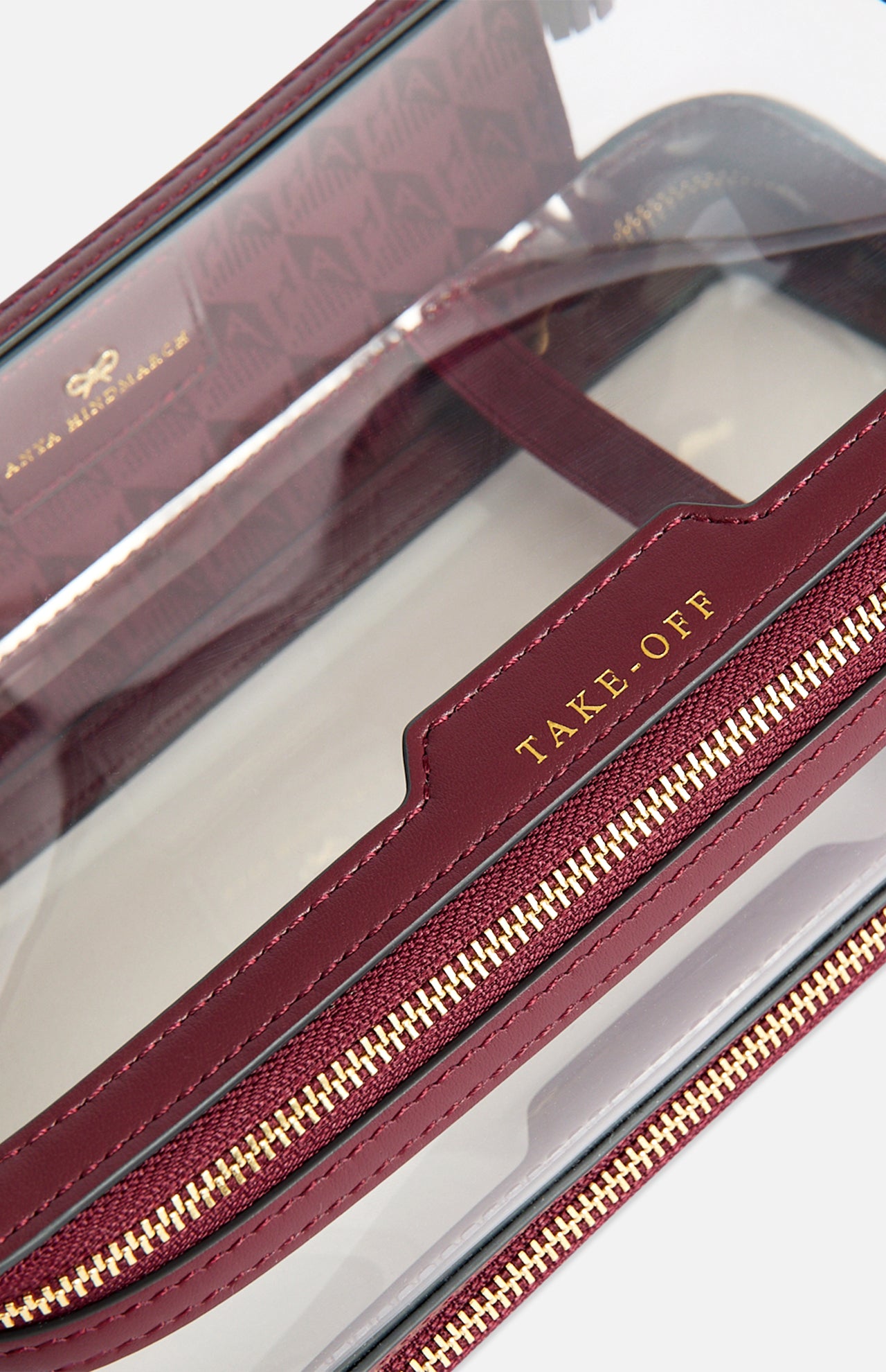 Anya Hindmarch Logo In-Flight Case, a clear rectangular travel accessory with burgundy leather trim, a gold-tone zipper, and the word TAKE-OFF embossed on the top tab.