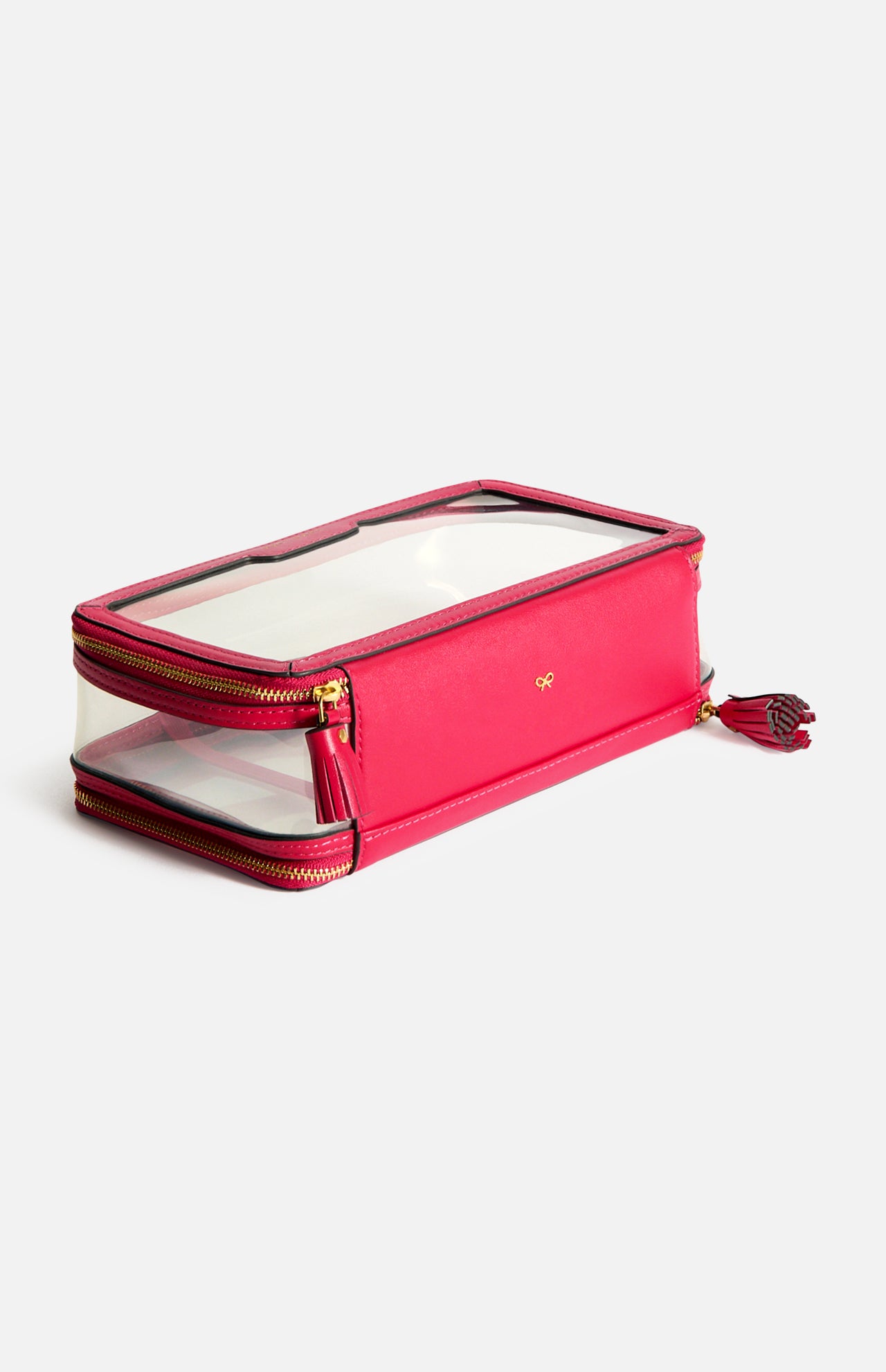 An Anya Hindmarch Logo In-Flight Case, a rectangular pink travel bag featuring clear panels, gold zippers, and a small gold bow emblem.