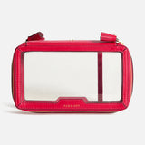 Anya Hindmarch Logo In-Flight Case, a rectangular red travel accessory with a clear front panel and TAKE-OFF embossed in gold near the bottom zipper.