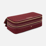 Burgundy rectangular Anya Hindmarch Logo Make-Up Pouch with two organizational zippered compartments, gold-toned hardware, and a small logo emblem.