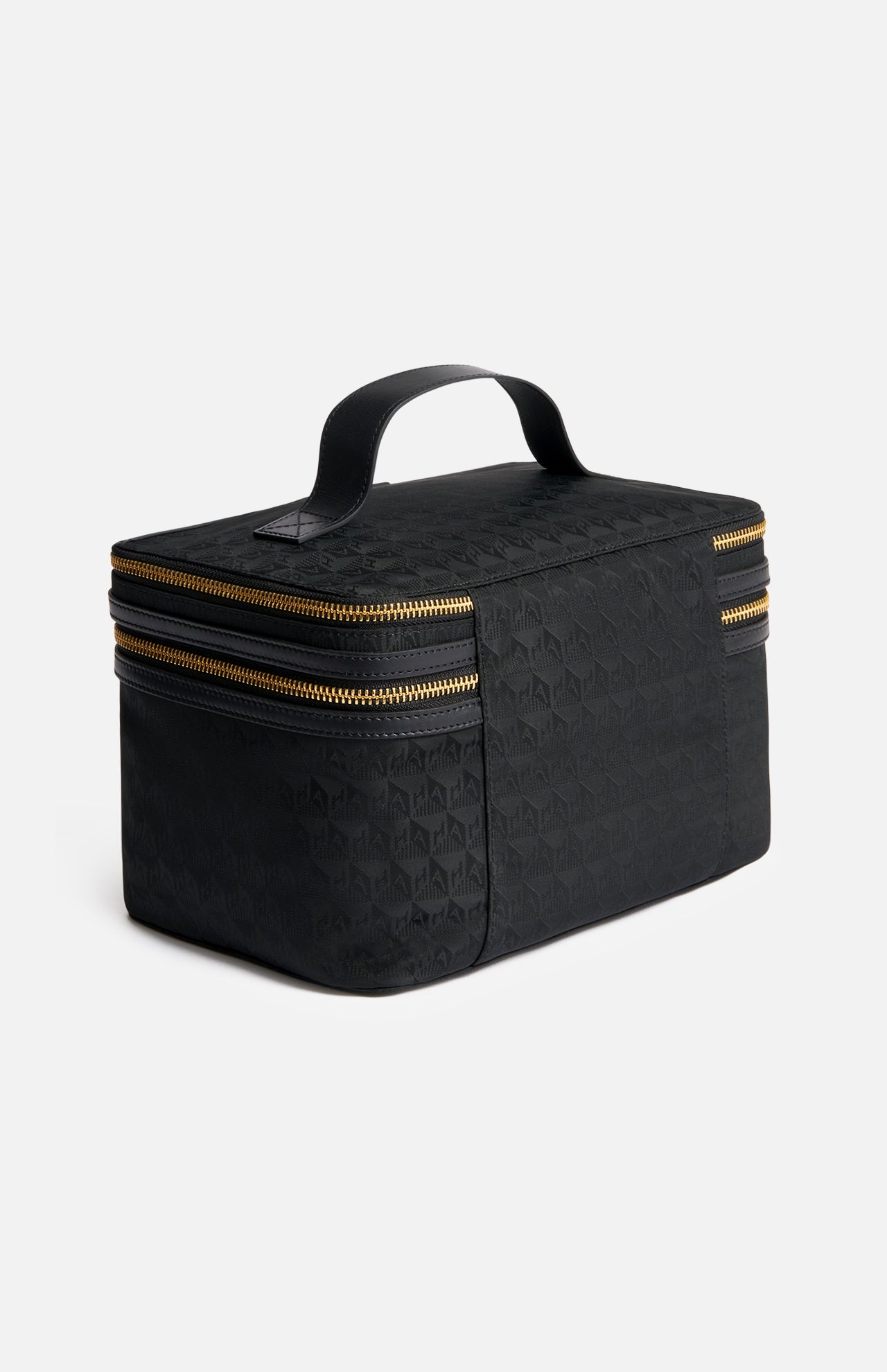 Anya Hindmarch Logo Vanity Kit, a black structured vanity case with a top handle and two gold-tone wrap-around zippers.