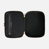 Open black Anya Hindmarch Logo Vanity Kit with a gold zipper and a pocket labeled BITS & BOBS.