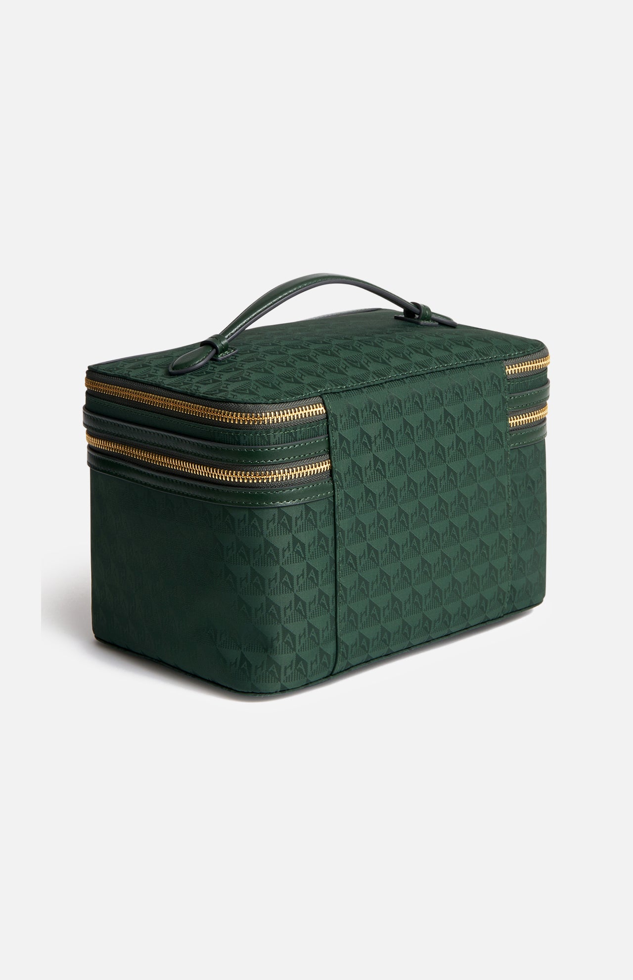 A dark green Anya Hindmarch Logo Vanity Kit with a structured handle and wrap-around gold zippers.