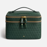 Anya Hindmarch Logo Vanity Kit: a dark green rectangular makeup brush organizer with a top handle, two-way zipper closures featuring tassel pulls, and an all-over repeating geometric pattern.