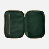 Open dark green Anya Hindmarch Logo Vanity Kit with a zippered closure and a small interior pocket labeled BITS & BOBS on the left flap.