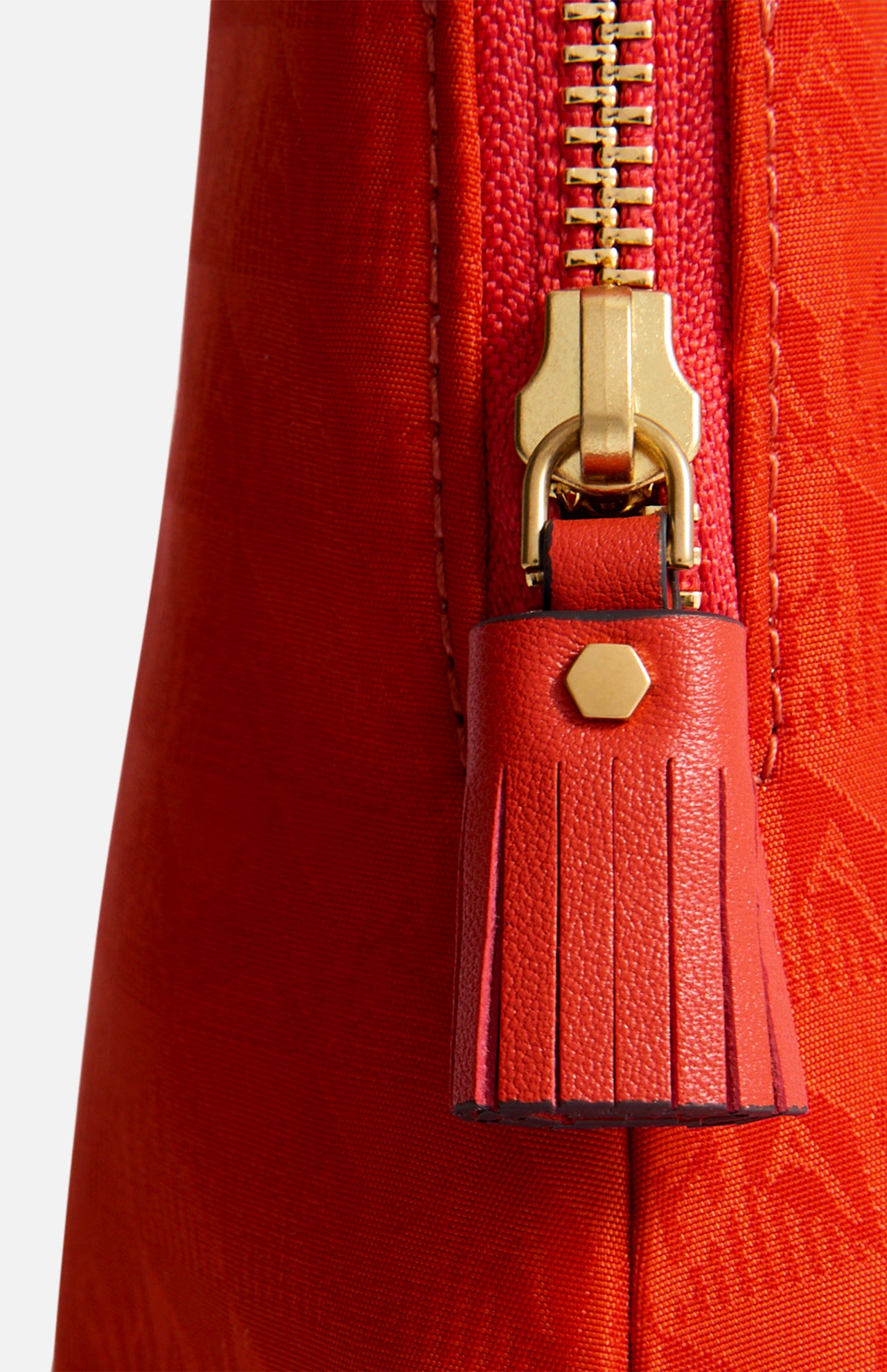 Close-up of a red Anya Hindmarch Lotions and Potions Pouch featuring a gold-toned metal zipper pull with a matching red leather tassel.