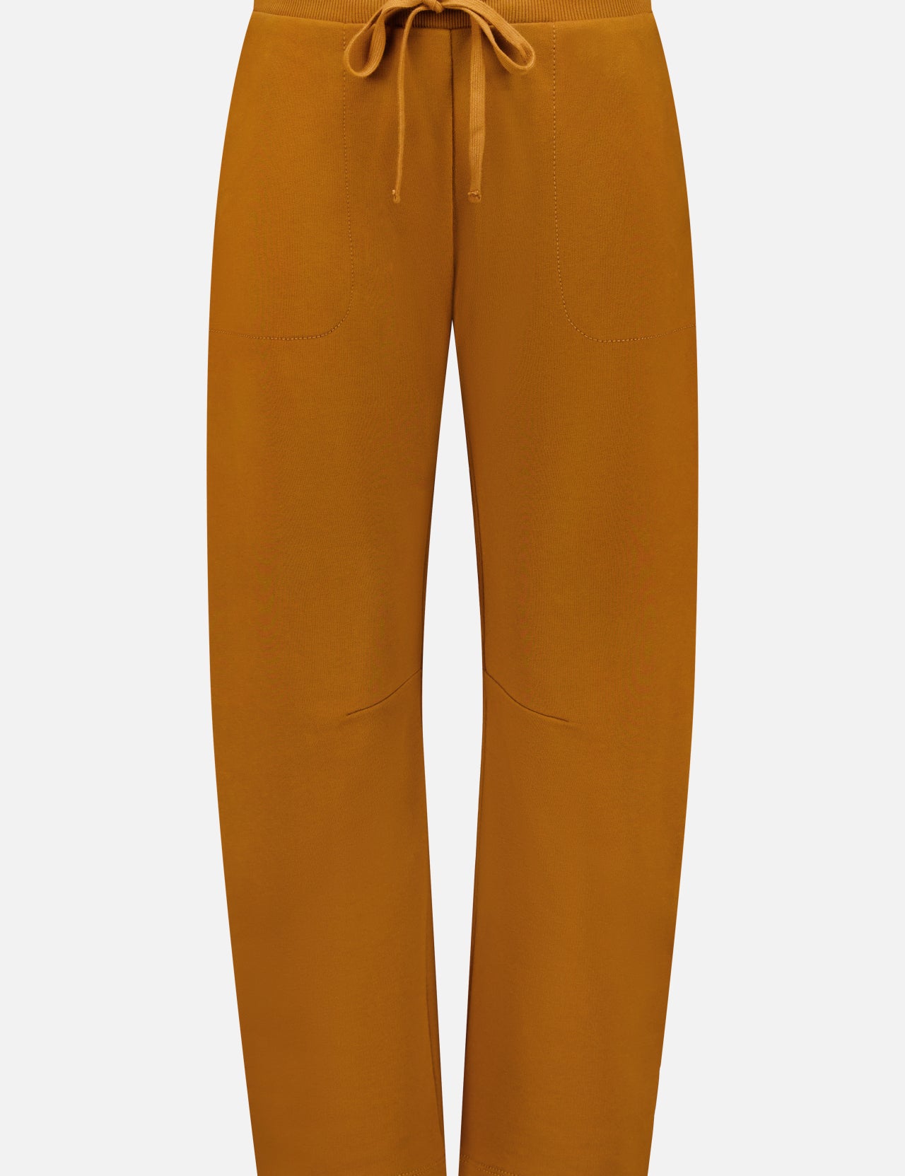 The ARLO MOTT Baltic Barrel Leg Sweatpants feature a straight-leg fit, elastic waistband, drawstring tie, and two front patch pockets in cinnamon—ideal for minimalist style, shown on a white background.