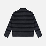 The image shows the back of the Allen Wool Cashmere Oversized Sweater by ARLO MOTT—a long-sleeve sweater in dark gray charcoal with wide horizontal black stripes, displayed flat against a white background.