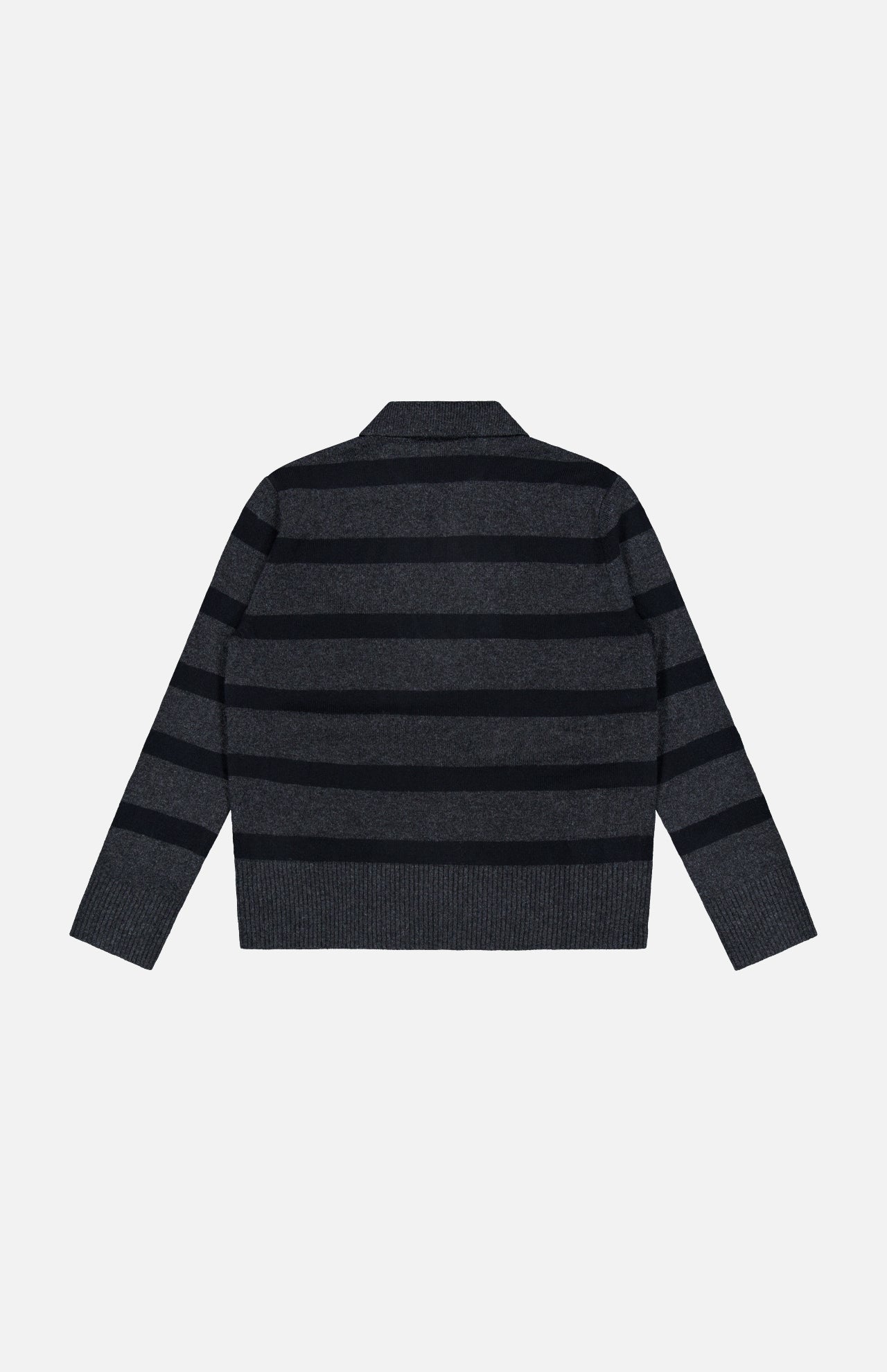 The image shows the back of the Allen Wool Cashmere Oversized Sweater by ARLO MOTT—a long-sleeve sweater in dark gray charcoal with wide horizontal black stripes, displayed flat against a white background.