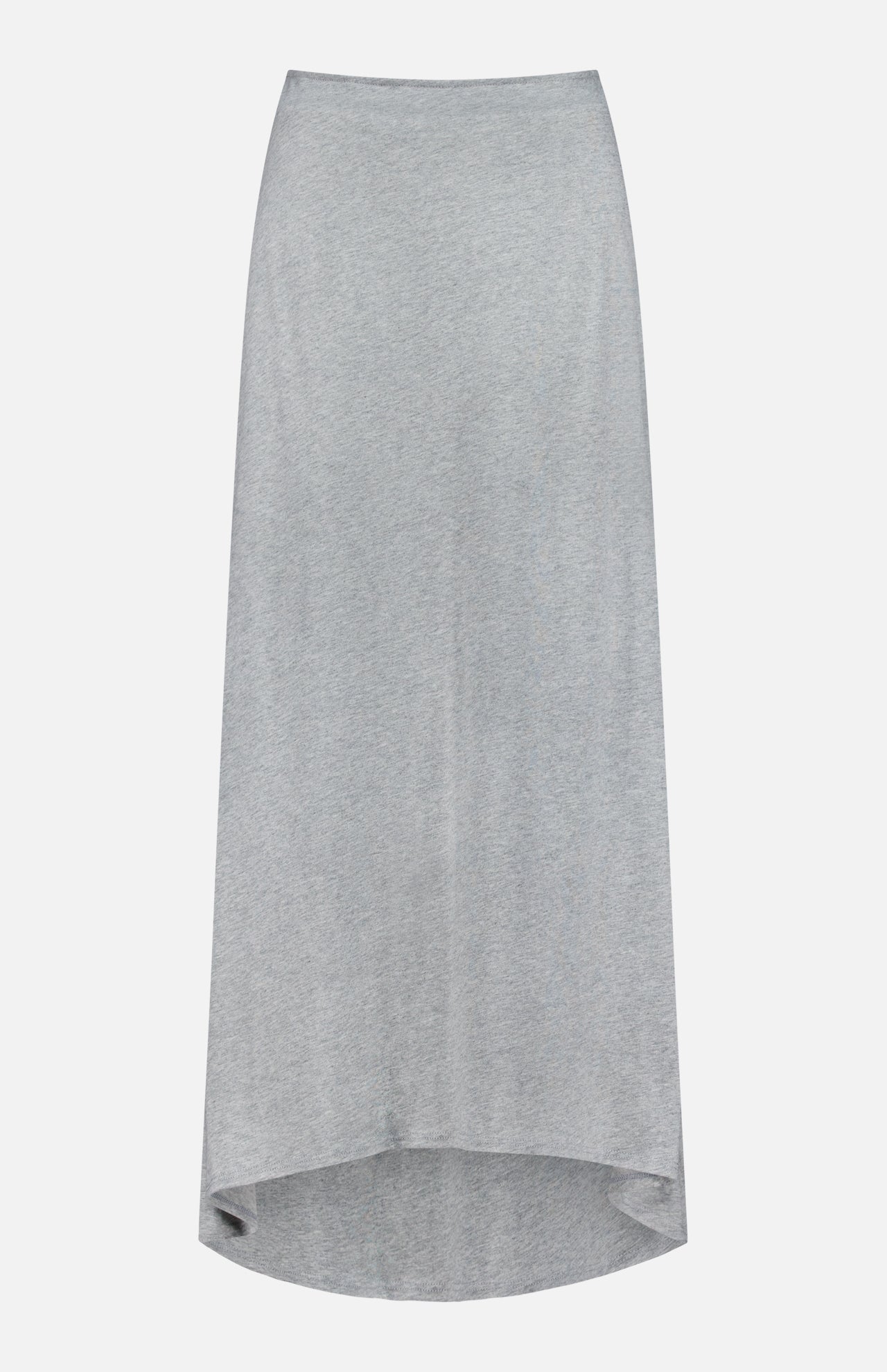 The ARLO MOTT Beekman Maxi Skirt is a light grey, high-waisted A-line skirt with a subtle mermaid hem and slight high-low detail, crafted from soft, stretchy fabric. Pictured against a plain white background.