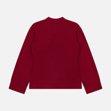 The ARLO MOTT Bleeker Shaped Cashmere Cardigan, featuring long sleeves and a dark red hue, is displayed laid flat with its back facing up against a white background.