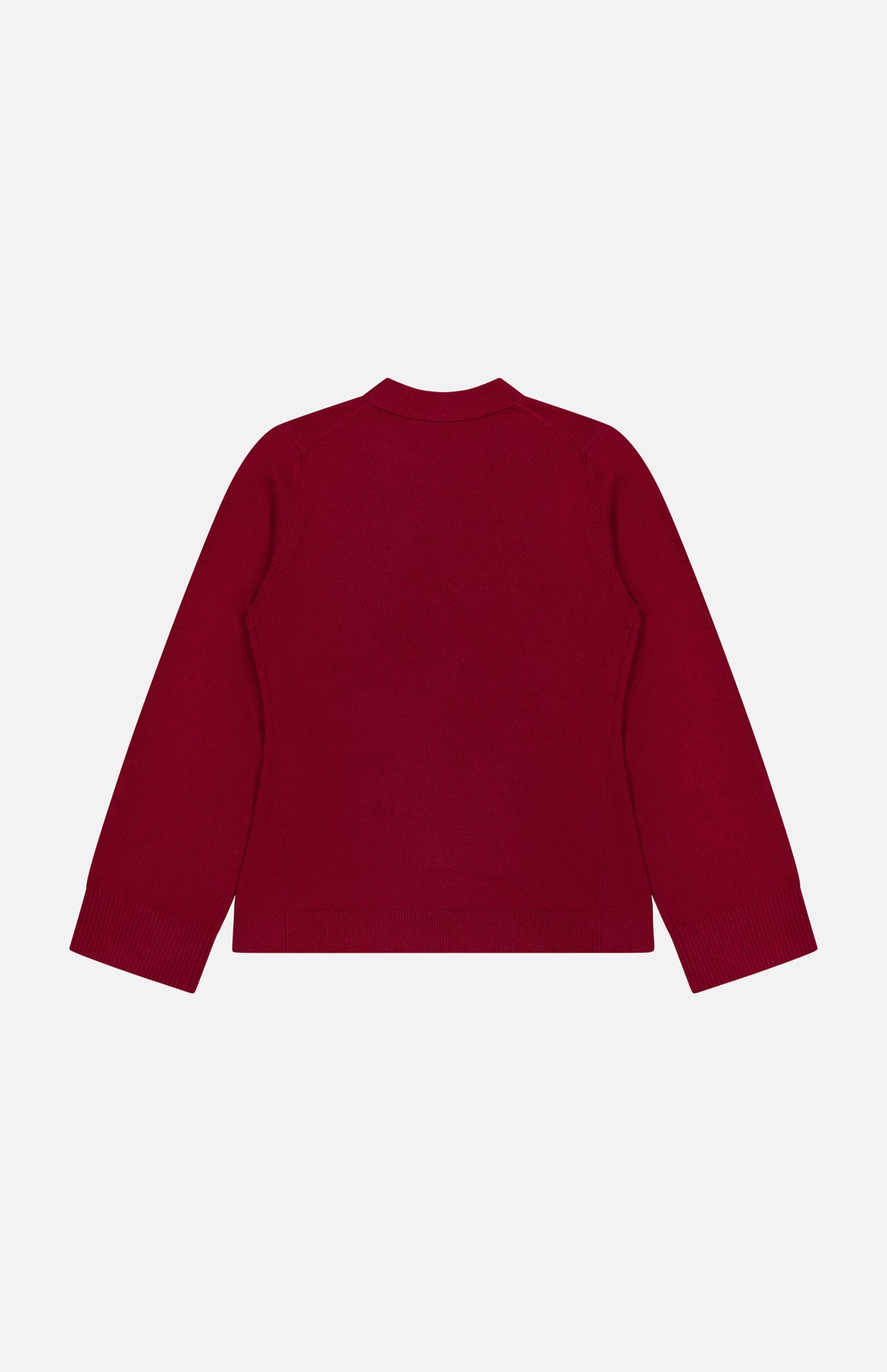 The ARLO MOTT Bleeker Shaped Cashmere Cardigan, featuring long sleeves and a dark red hue, is displayed laid flat with its back facing up against a white background.