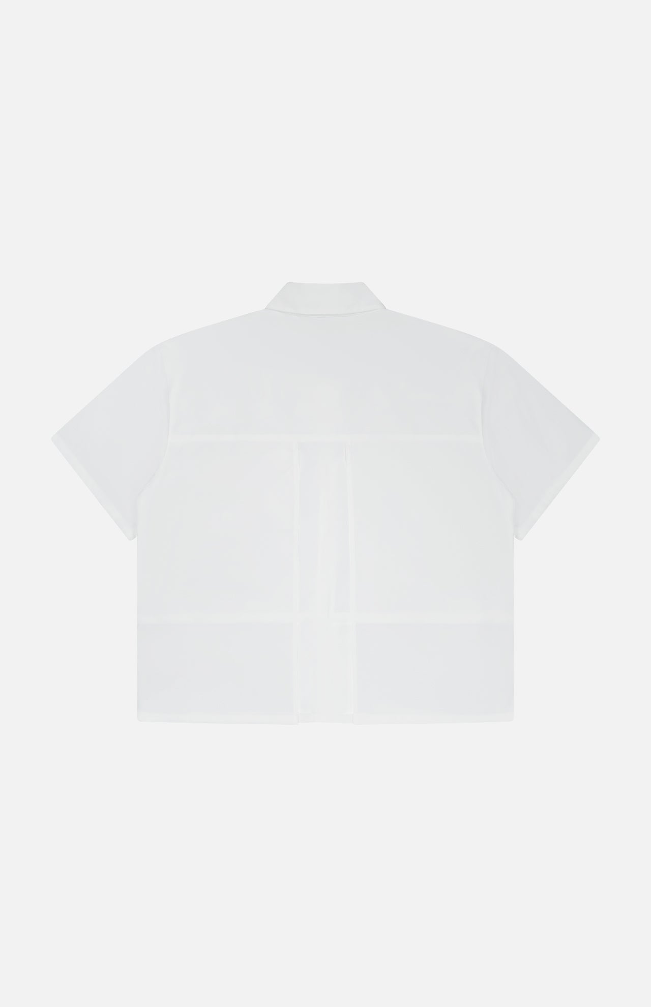 Back view of the ARLO MOTT Clark Split Back Top, a white poplin shirt with short sleeves, collar, visible seams, Mother of Pearl buttons, and a boxy loose fit shown against a plain white background.