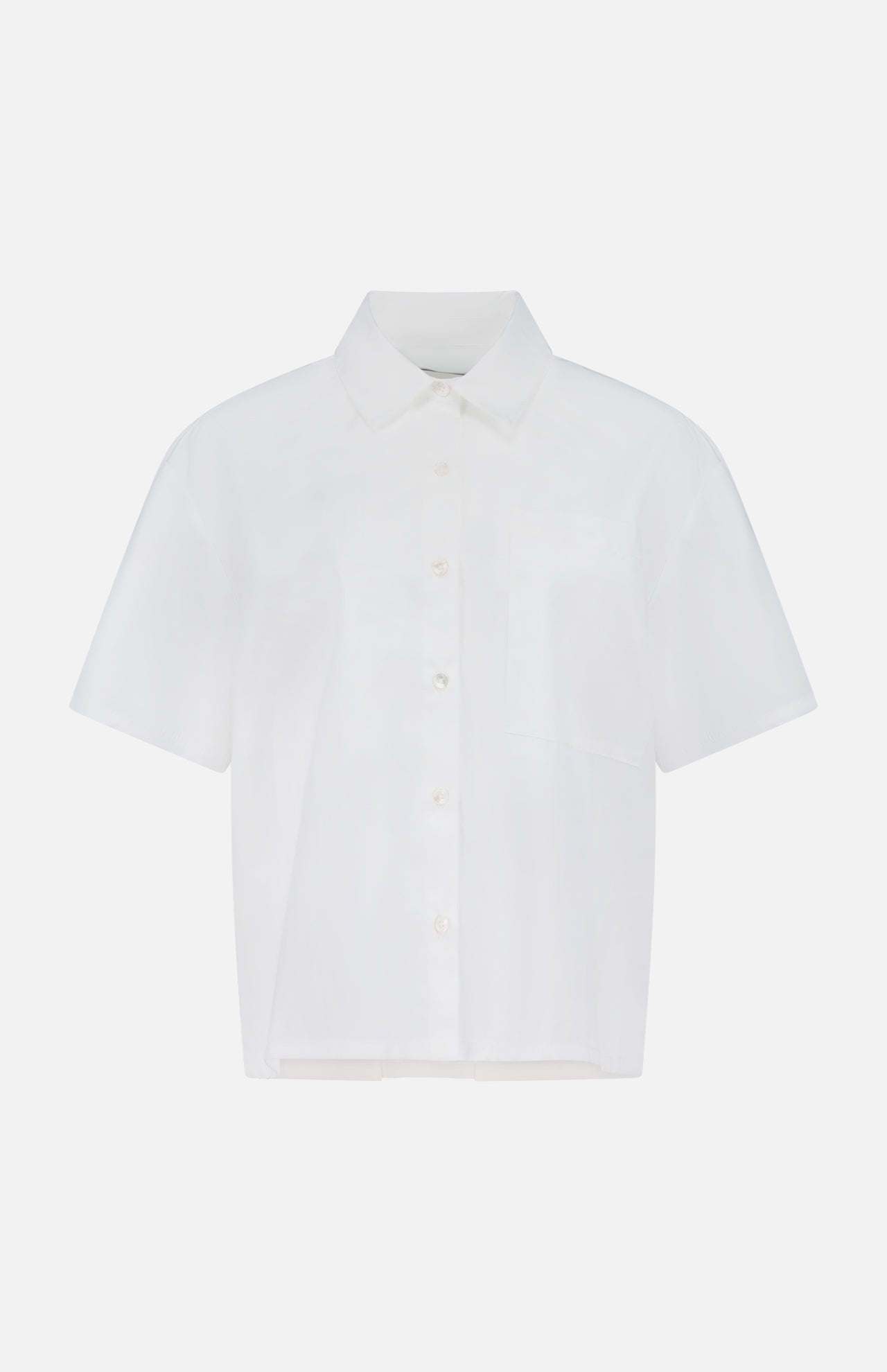 The ARLO MOTT Clark Split Back Top is a white poplin shirt with short sleeves, a classic collar, front pocket, and Mother of Pearl buttons. Shown on a plain white background.