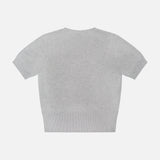 The ARLO MOTT Clarkson Short Sleeve Crewneck Shirt is a minimalist grey sweater in a light Italian wool blend, featuring short sleeves, a crew neckline, and ribbed hem, shown laid flat from the back against a white background.