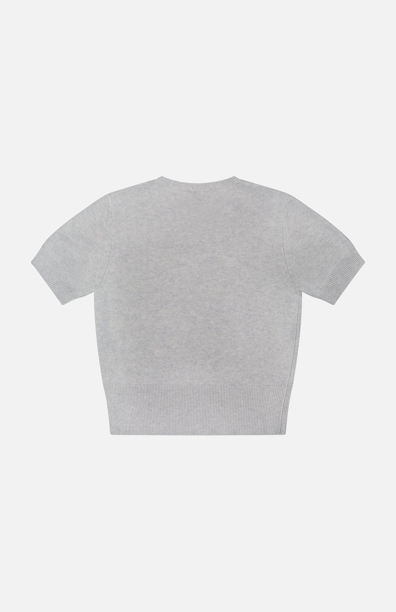 The ARLO MOTT Clarkson Short Sleeve Crewneck Shirt is a minimalist grey sweater in a light Italian wool blend, featuring short sleeves, a crew neckline, and ribbed hem, shown laid flat from the back against a white background.