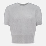 The ARLO MOTT Clarkson Short Sleeve Crewneck Shirt features a minimalist grey design with ribbed hem, cuffs, and neckline. Made from an Italian wool blend, it’s shown against a plain white background.