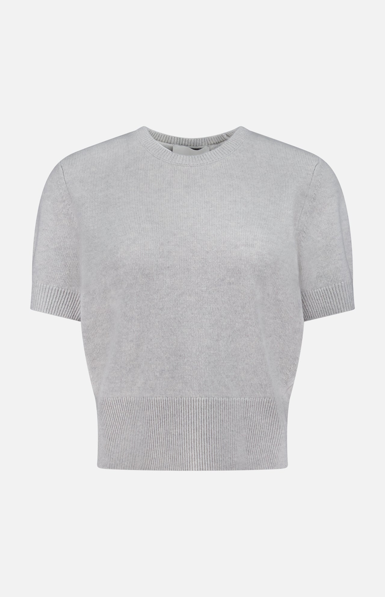 The ARLO MOTT Clarkson Short Sleeve Crewneck Shirt features a minimalist grey design with ribbed hem, cuffs, and neckline. Made from an Italian wool blend, it’s shown against a plain white background.