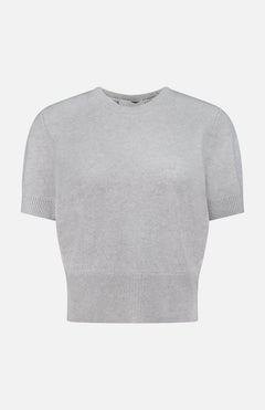 The ARLO MOTT Clarkson Short Sleeve Crewneck Shirt features a minimalist grey design with ribbed hem, cuffs, and neckline. Made from an Italian wool blend, it’s shown against a plain white background.