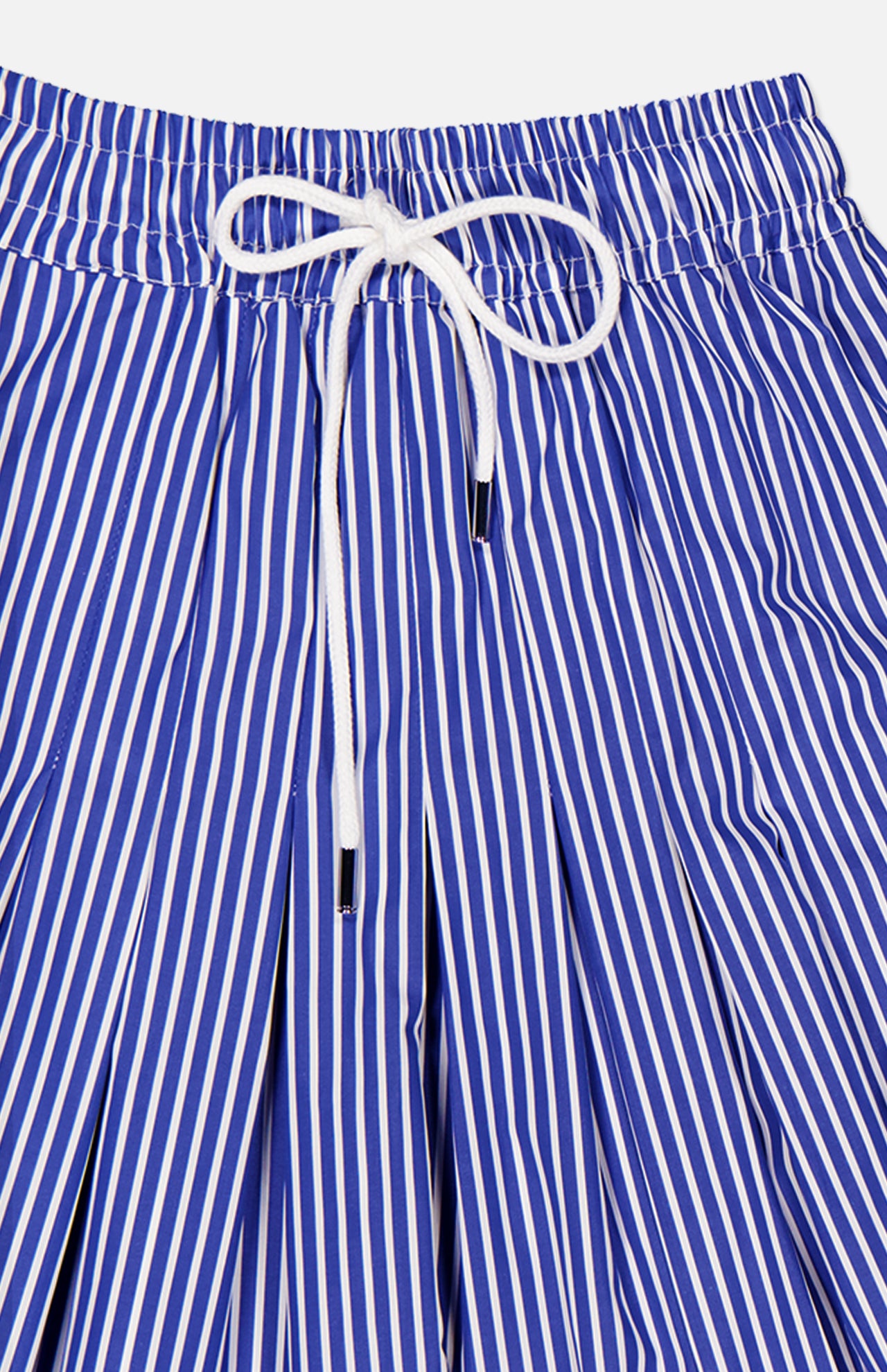 The Gates Full Midi Skirt by ARLO MOTT features blue and white vertical stripes in Portuguese poplin, finished with an elastic drawstring waist tied in a neat bow at the front.