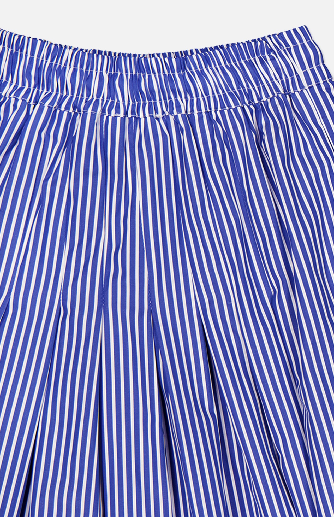 A close-up of the Gates Full Midi Skirt by ARLO MOTT, crafted from Portuguese poplin with vertical blue and white stripes and an elastic waistband.